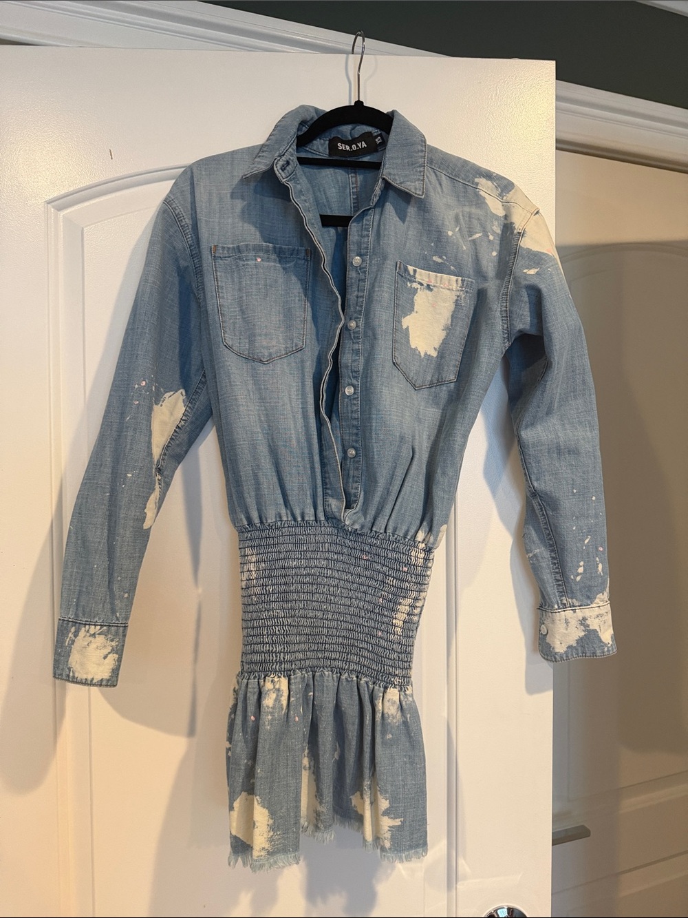 SER.O.YA Light Blue Denim Mini Dress with Cream Distressing